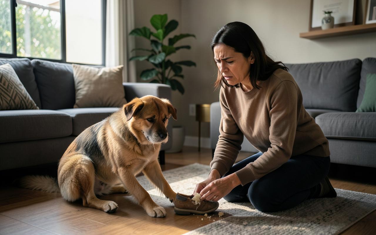 Tutora frustrada com cachorro destruindo sapato