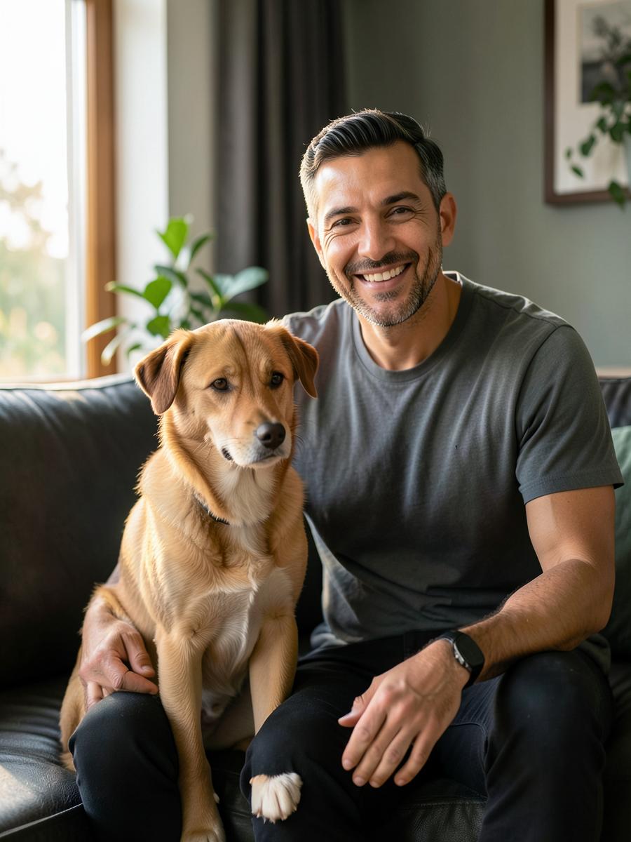 Tutor feliz com cachorro educado